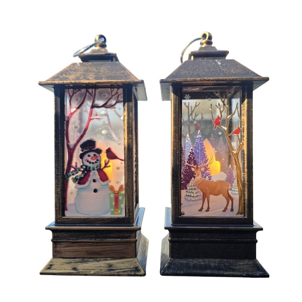 Set Of 2 LED Christmas Lanterns With Snowman & Deer Scenes Battery Operated - Picture 1 of 6